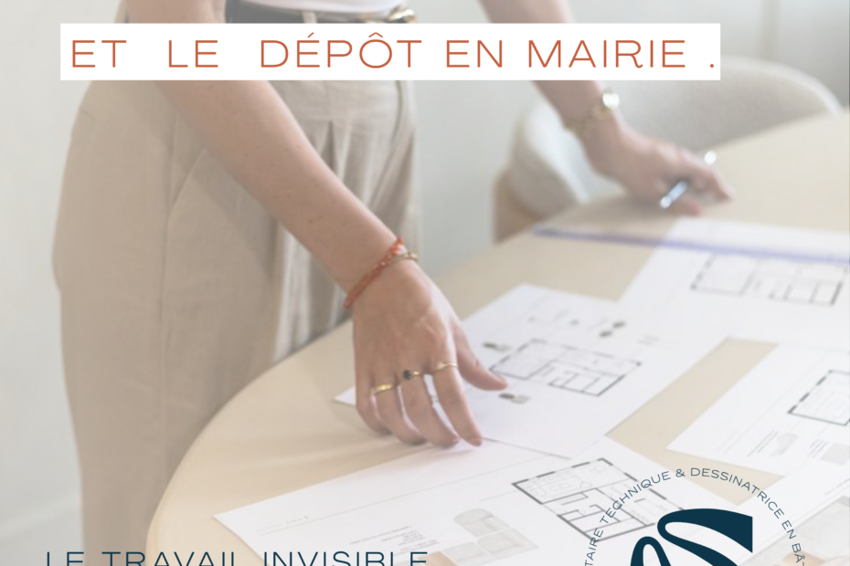 Dessinatrice en bâtiment préparant un dossier de permis de construire en Gironde, plans étalés sur la table